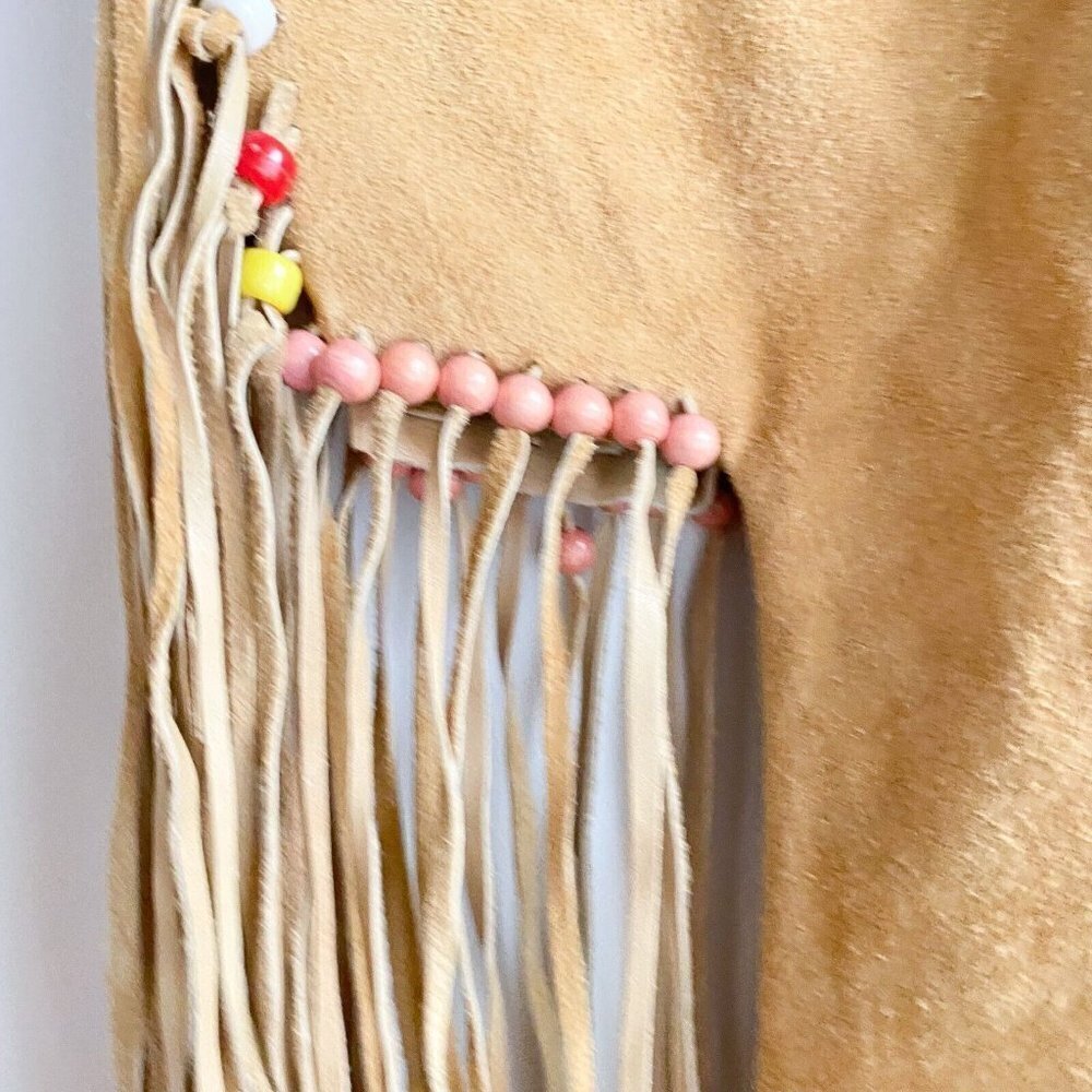 Vintage Handmade Suede Asymmetrical Hem Fringe Bead Detail Boho Simple Dress L - Picture 8 of 8